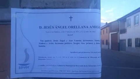 Esquela del joven asesinado en su pueblo, Moreruela de los Infanzones