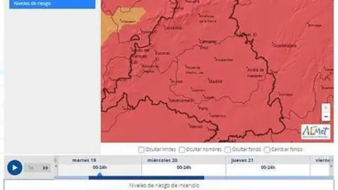 Ejemplo de nuevo visor con los niveles de riesgo de incendio previsto con zoom en la Comunidad de Madrid.