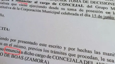 Foto de la carta de renuncia