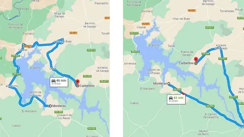 Distancia de Monleras a Carbellino y de Villaseco de los Reyes a Carbellino en coche