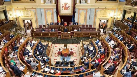 El presidente del Gobierno, Pedro Sánchez, durante su intervención ante el Pleno del Congreso vía Pool Congreso