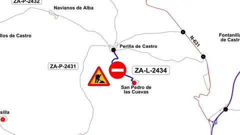 Corte de tráfico en la la carretera ZA-L-2434 de Perilla de Castro a San Pedro de las Cuevas