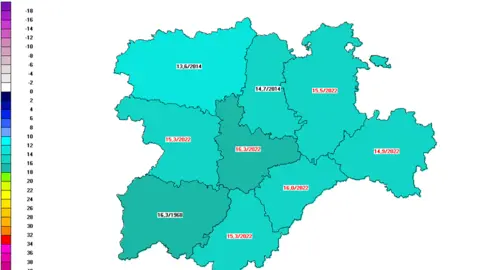 Mapa de la temperatura media registrada en Castilla y León. Infografía: @AEMET_CYL