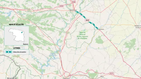 Mapa de obras de mejora del firme en la A-6 entre Villalpando y Benavente