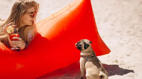 Mujer en la playa con su perro pug