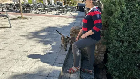 La alimentadora felina del IES Río Duero junto a "La niña". Fotografía : CEDIDA
