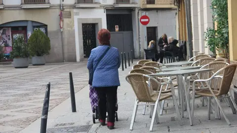 Un mujer pasea por el centro de Zamora con un carro de la compra