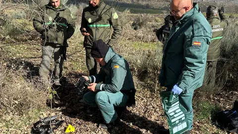 Agentes Medioambientales y de la GC documental el hallazgo de un ave muerta en la zona de Asturianos. Fotografía: GC