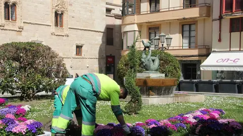 Operarios de Parques y Jardines decoran el centro de la ciudad