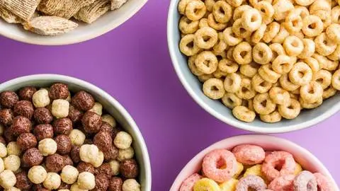 Different breakfast cereals in bowl.