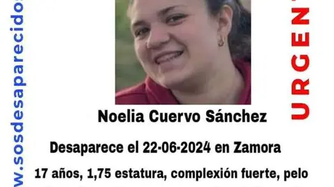 Menor zamorana desaparecida según la alerta emitida por SOS Desaparecidos