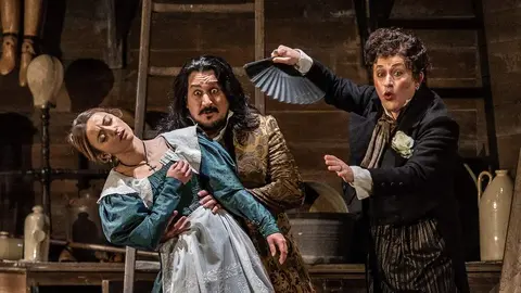 The Marriage of Figaro by Mozart;
Royal Opera House;
Covent Garden;
London, UK;
6  January 2022

Figaro:- Riccardo Fassi;
Susanna - Giulia Semenzato;
Count Almaviva - Germán E. Alcántara; 
Countess Almaviva - Federica Lombardi;
Cherubino - Hanna Hipp;
Don Basilio - Gregory Bonfatti;
Marcellina - Monica Bacelli;
Gianluca Buratto - Bartolo;
Jeremy White - Antonio;
Alexandra Lowe - Barbarina;
Alasdair Elliott - Don Curzio;
Helen Withers - First Bridesmaid;
Miranda Westcott -Second Bridesmaid;

Conducted by Antonio Pappano;
Director - David McVicar;
Designer - Tanya McCallin;
Lighting designer - Paule Constable;
Movement director - Leah Hausman;

Photo © ROH by Clive Barda;