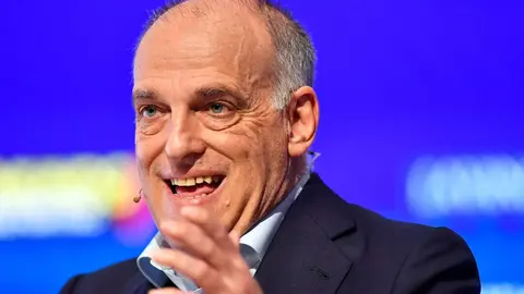 The president of the Spanish football league 'La Liga', Javier Tebas, speaks as he takes part in the forum Defense of the European Football Ecosystem, organized by La Vanguardia journal, on March 16, 2023 in Barcelona. (Photo by Pau BARRENA / AFP) (Photo by PAU BARRENA/AFP via Getty Images)