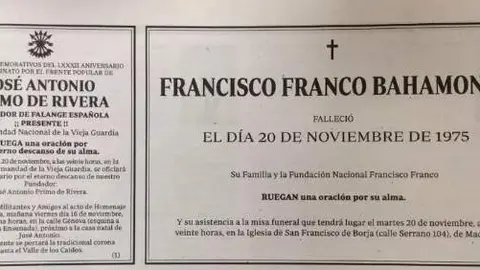 Esquela de Francisco Franco y Antonio Primo de Rivera