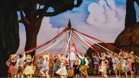 LA FILLE MAL GARDEE ; 
Music by Herold ; 
Choreography by Ashton ; 
Marianela Nunez as Lise and Artists of The Royal Ballet ; 
Set design by Osbert Lancaster ; 
Costume design by Osbert Lancaster ; 
Lighting design by John B. Read ; 
The Royal Ballet ; 
At the Royal Opera House, London, UK; 
20 April 2012 ; 
Credit: Tristram Kenton / Royal Opera House / ArenaPAL ;