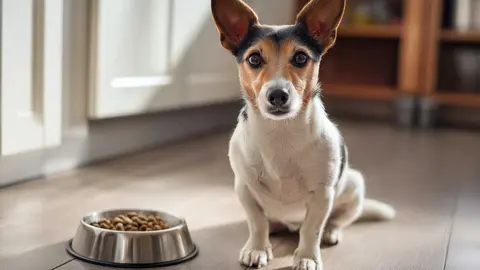 Small breed dog sitting near a bowl of food, healthy pet lifestyle concept, clean kitchen interior, natural lighting