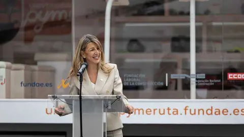 La vicepresidenta segunda y ministra de Trabajo y Econom&iacute;a Social, Yolanda D&iacute;az, durante su intervenci&oacute;n ante los medios de comunicaci&oacute;n