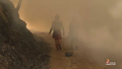 Agentes medioambientales trabajando en el incendio de Burgohondo. Foto &Aacute;vilared