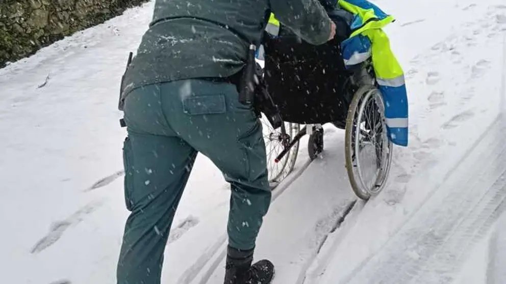 Un agente del Seprona traslada a la paciente en silla de ruedas a su domicilio