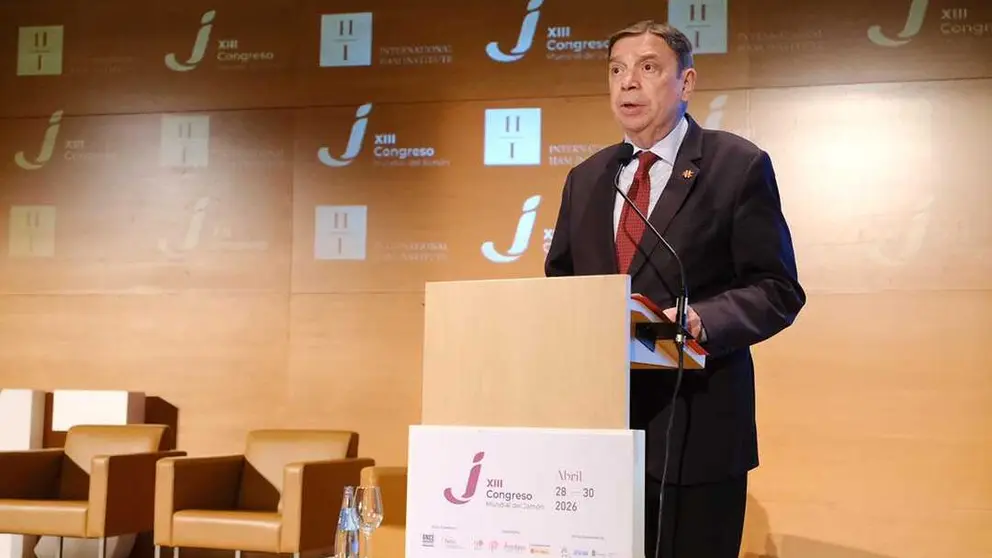 El ministro de Agricultura, Pesca y Alimentaci&oacute;n, Luis Planas, durante su intervenci&oacute;n en el Congreso Mundial del Jam&oacute;n