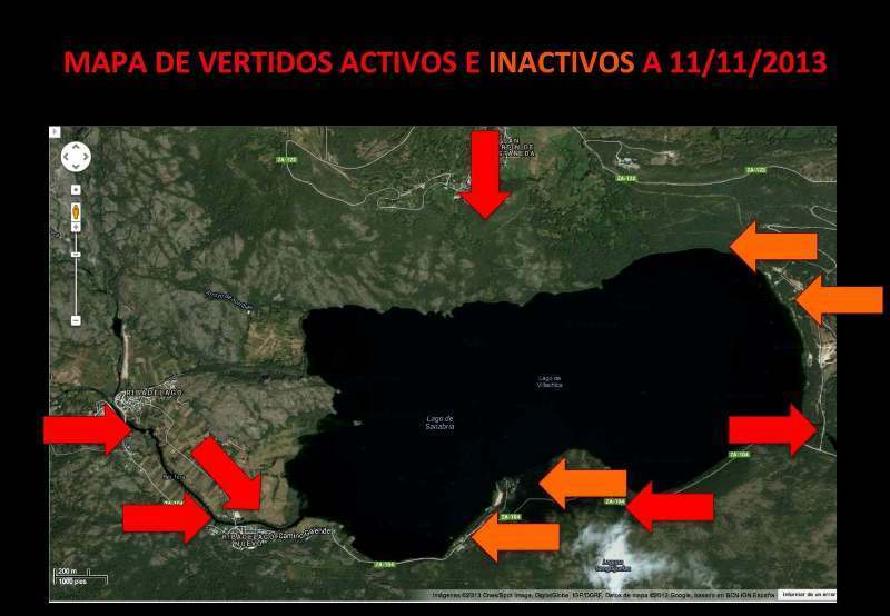 Mapa del Lago de Sanabria con los lugares de los vertidos elaborado por el querellante.