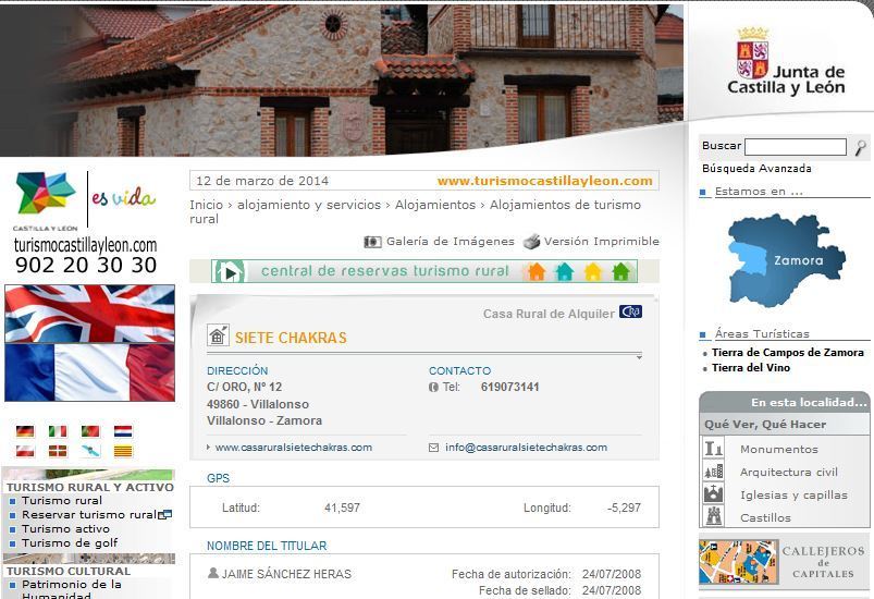 Datos de la casa rural que figuran en el portal de turismo de Castilla y León.