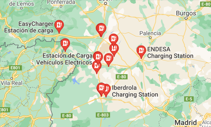Puntos de recarga de vehículos eléctricos en la provincia según Google Maps