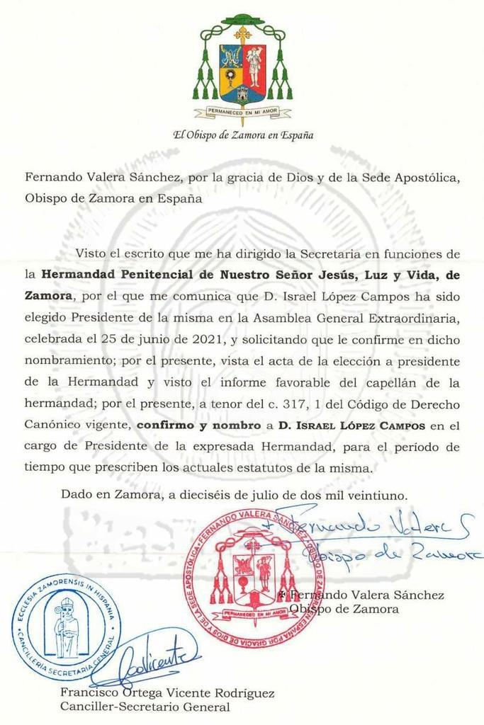 Escrito nombramiento presidente Luz y Vida