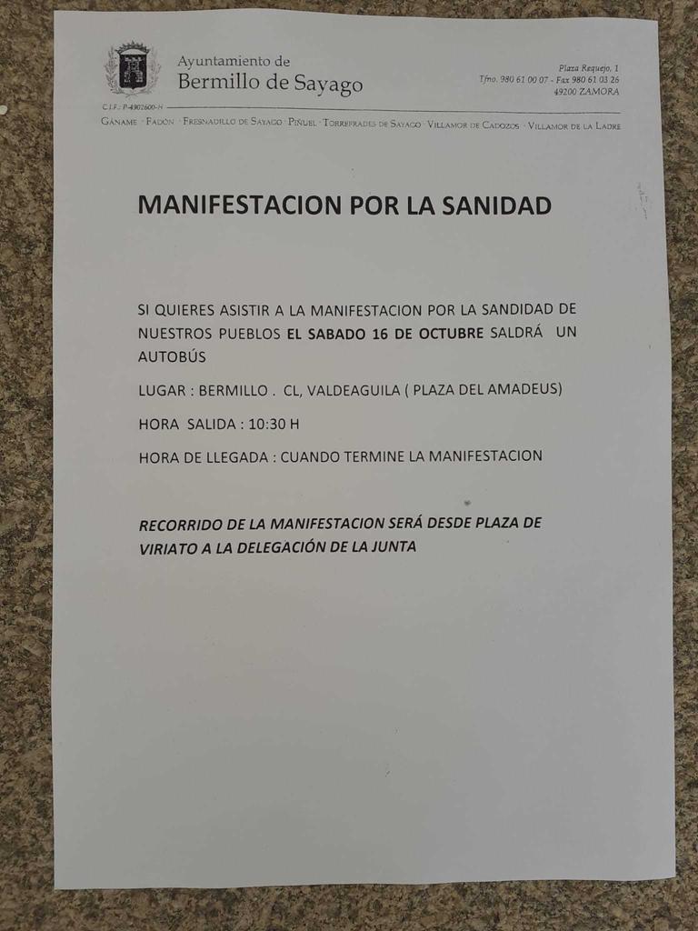 Cartel informativo autobús manifestación Sanidad