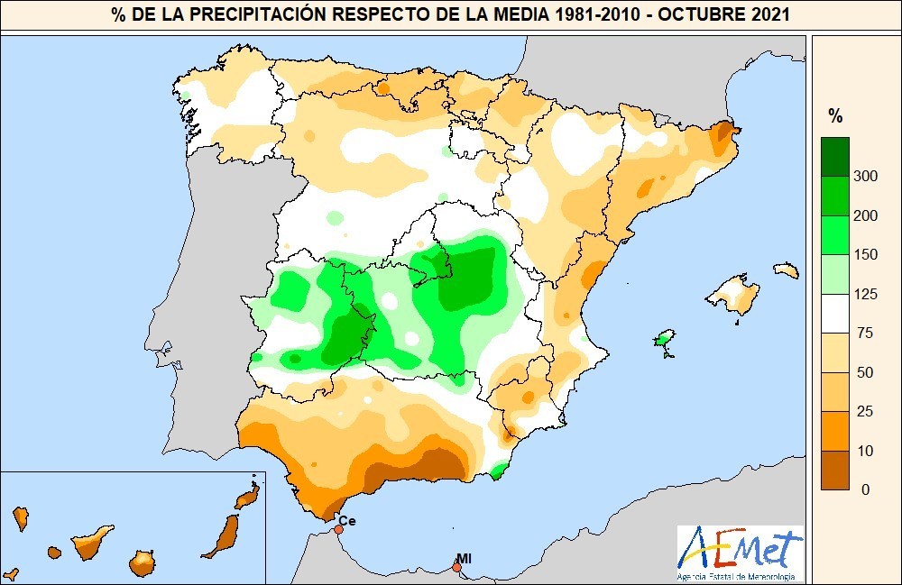 Mapa del porcentaje de la precipitación recogida en octubre de 2021 respecto de los valores normales
