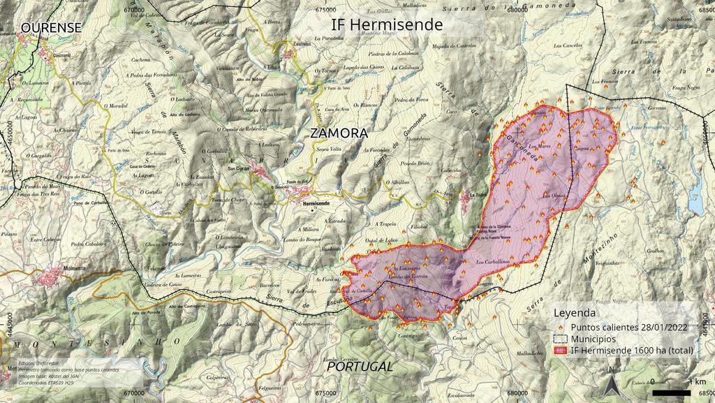 Estimación del terreno afectado en el fuego de Hermisende. Mapa realizado por @brigada_do