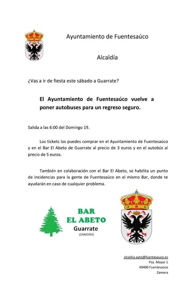 Ayto. Fuentesaúco. Autobús nocturno Fiestas Guarrate 19-06-2022