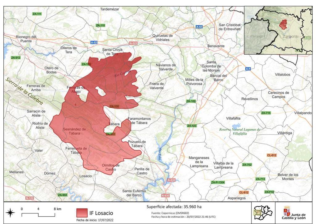 Plano con la superficie afectada por el incendio de Losacio. Fuente: @CopernicusEMS