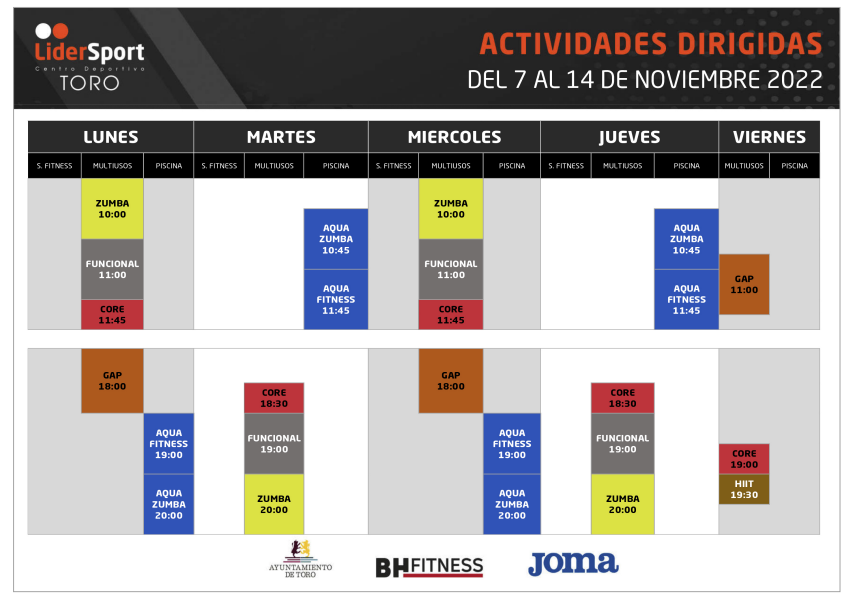 Calendario de actividades dirigdas en el nuevo centro LiderSport en Toro