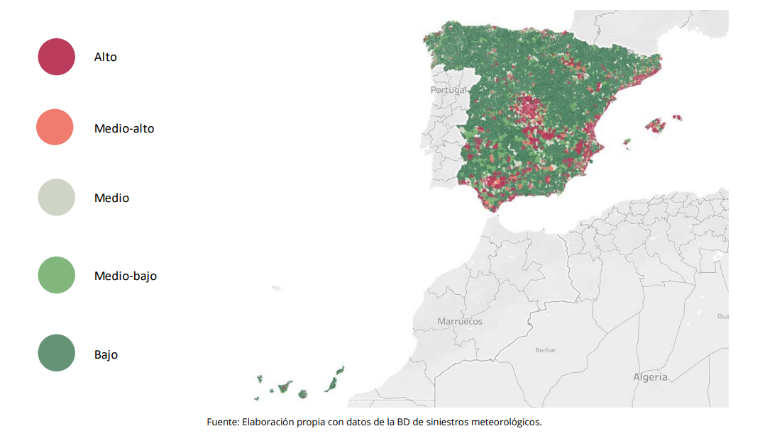 Representación geográfica del número de siniestros meteorológicos 2017-2021, por código postal. Fuente: Unespa