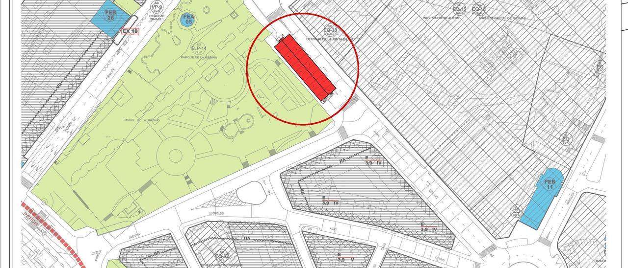 Plano del proyecto de ubicación del futuro Mercado de Abastos provisional en el parque de La Marina