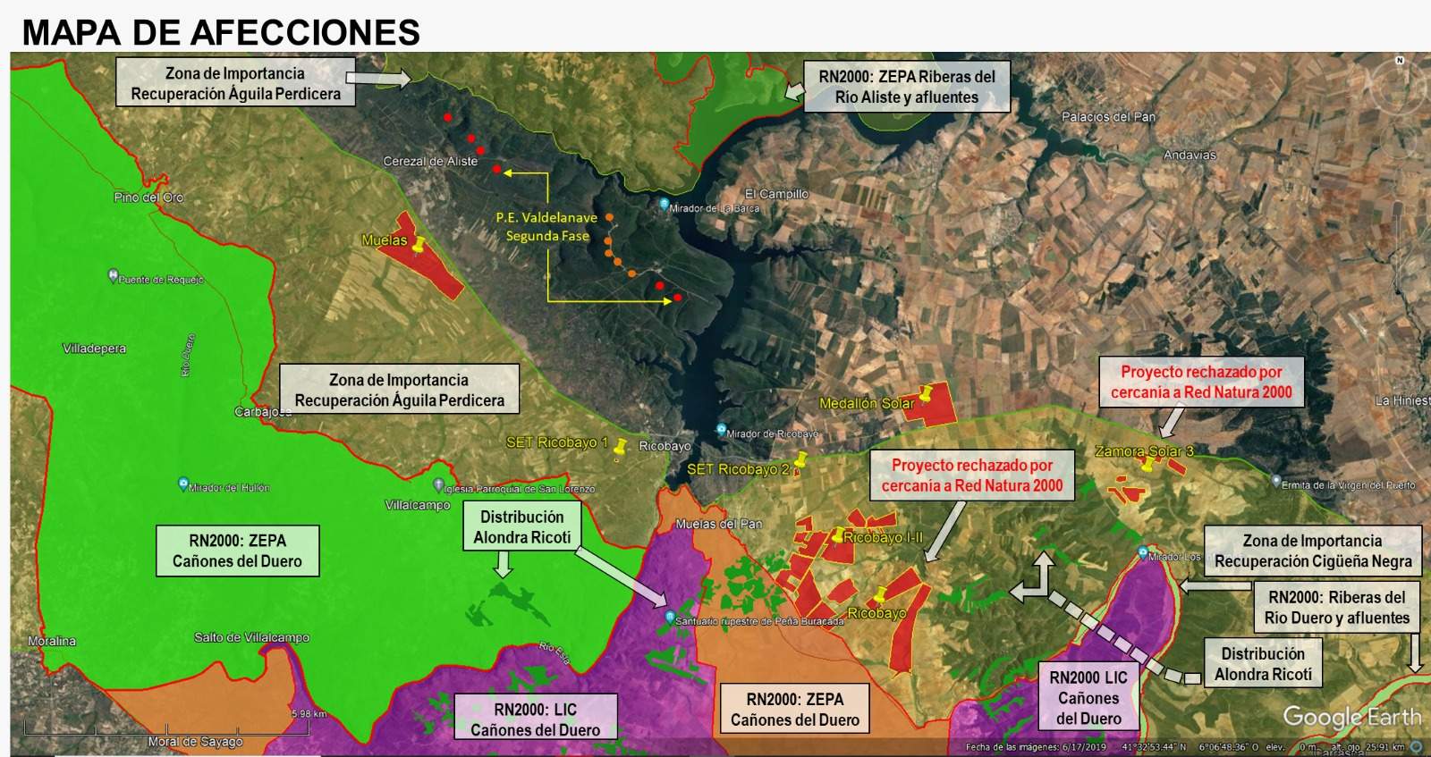 Mapa de los nuevos proyectos de instalación de energías renovables en la zona de Muelas del Pan, Ricobayo, Villaflor y Cerezal