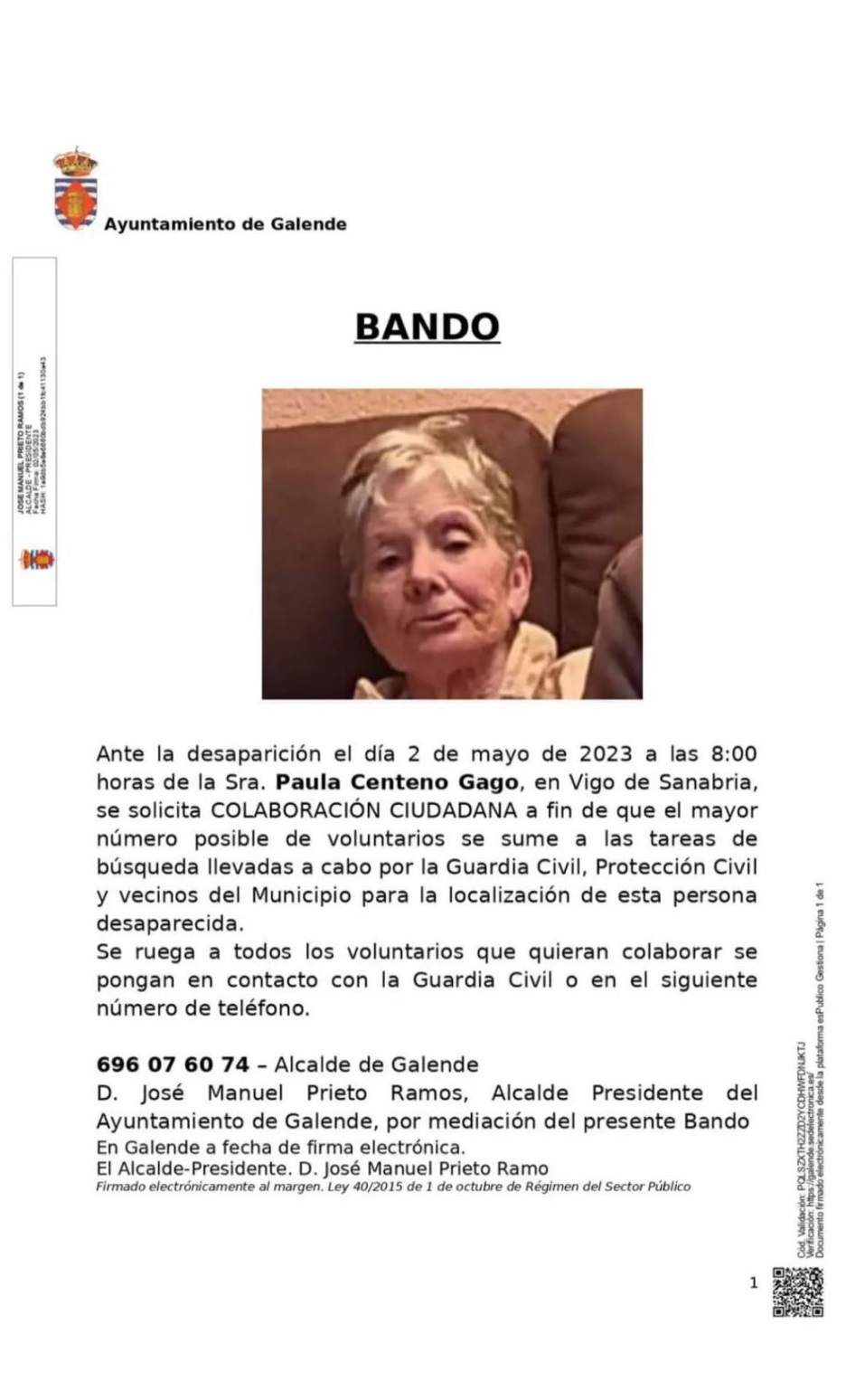 Paula Centeno Gago, de 73 años, desaparecida en Vigo de Sanabria
