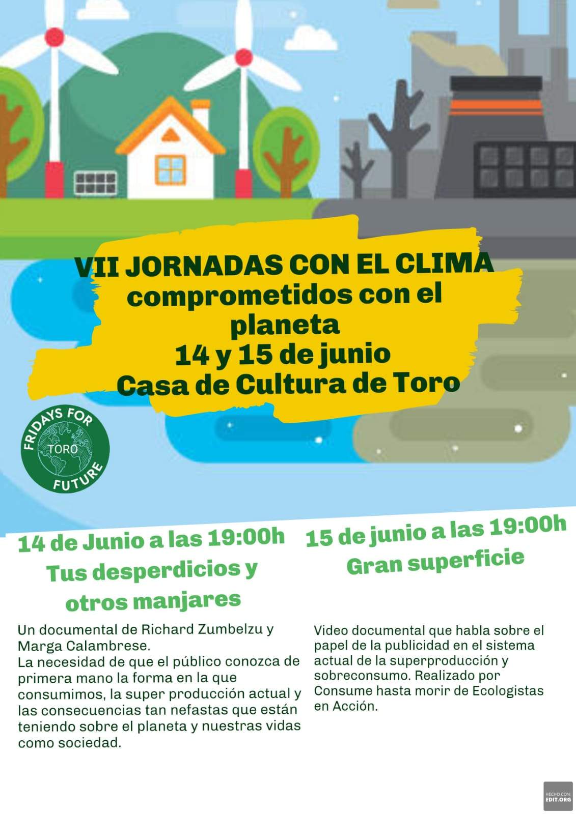 Cartel presentación documentales de Fridays for Future Toro dentro de las VII Jornadas con el clima