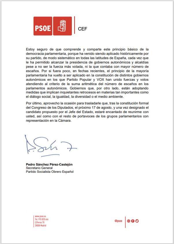 Carta de respuesta de Pedro Sánchez a Feijóo