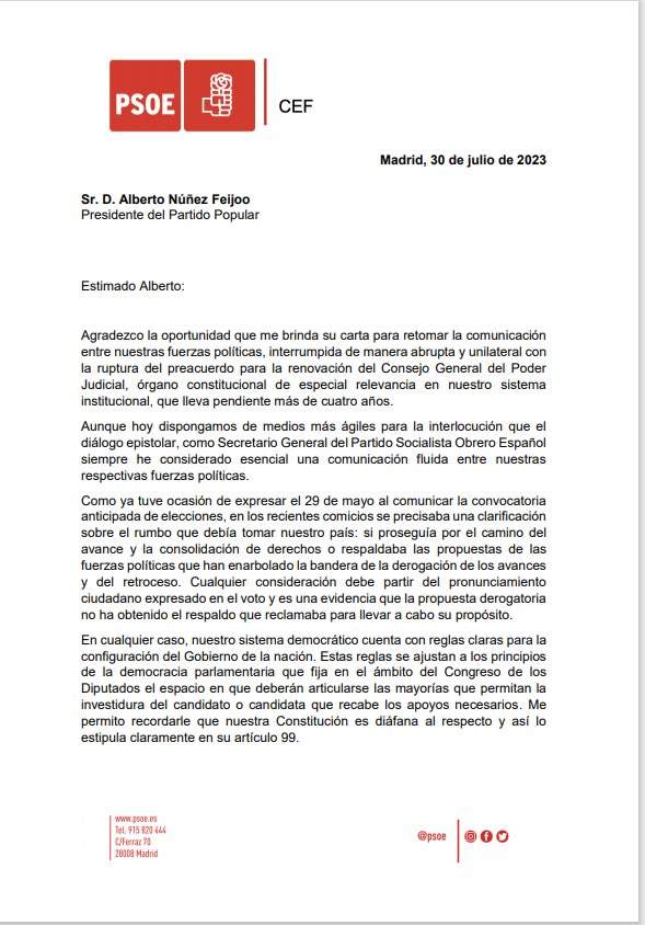 Carta de respuesta de Pedro Sánchez a Feijóo