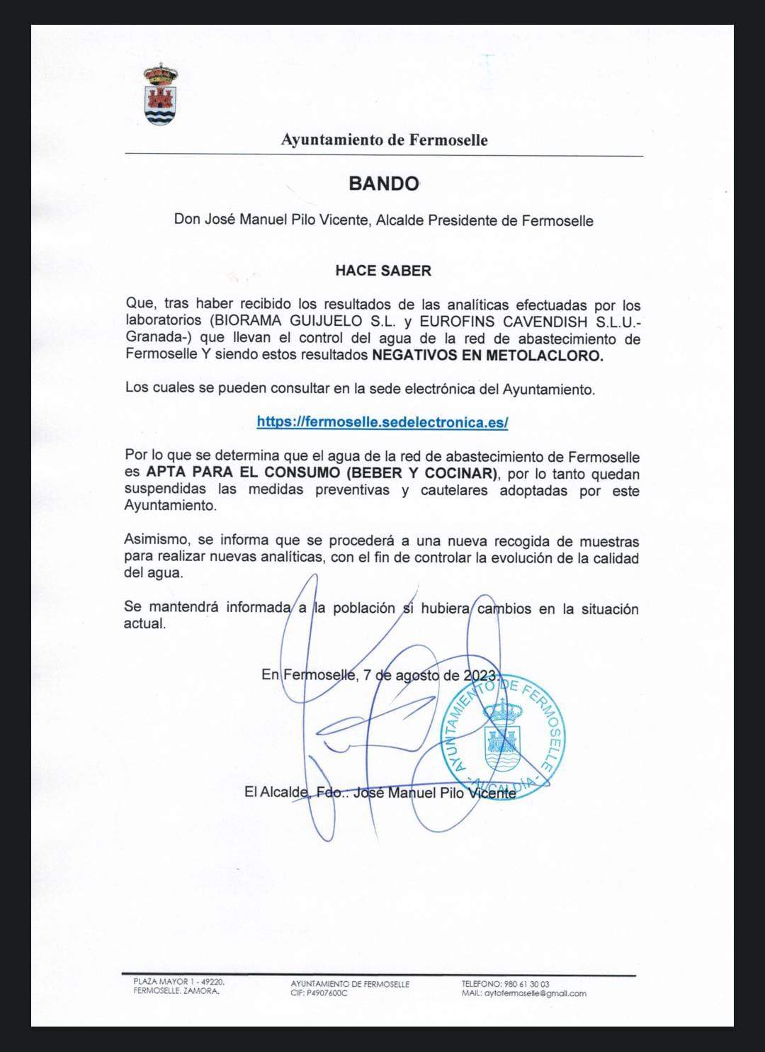 Bando municipal sobre el agua captada desde Fermoselle