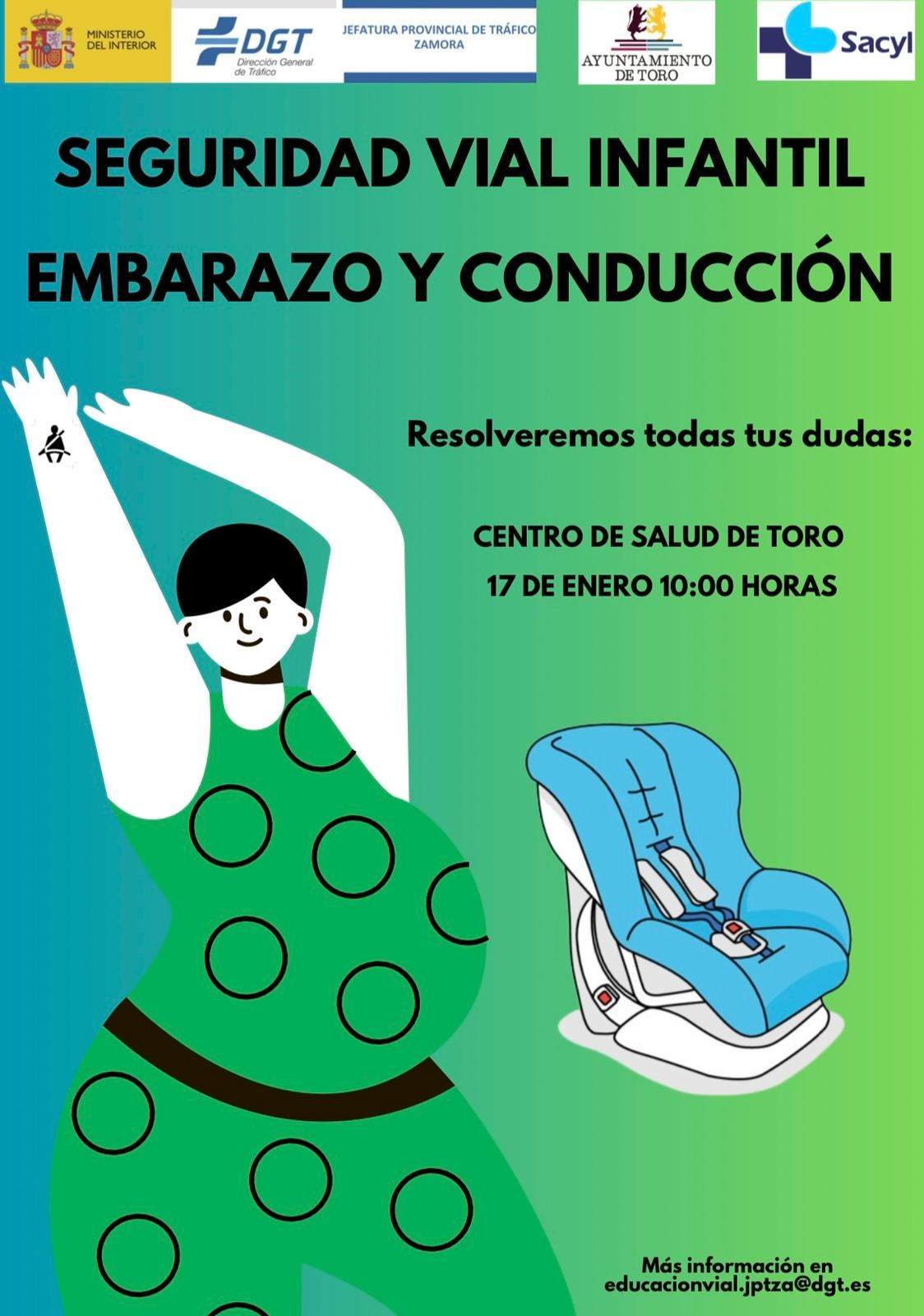 cartel seguridad vial infantil, embarazo y conducción