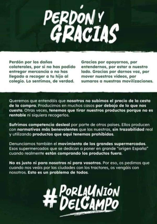 perdón y gracias. mensaje de los agricultores