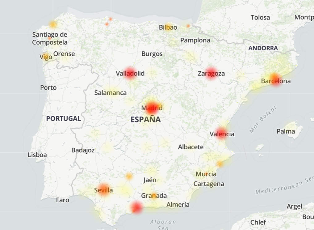 Mapa de fallos y problemas notificados de Facebook