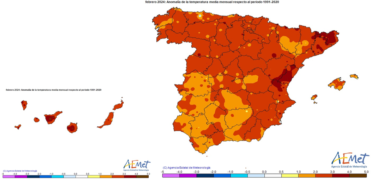 Anomalías de las temperaturas medias mensuales en febrero de 2024.