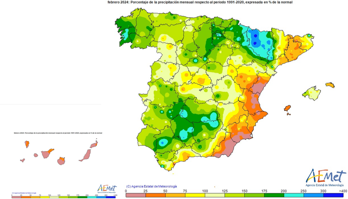 Porcentaje de la precipitación con respecto a lo normal en febrero de 2024.