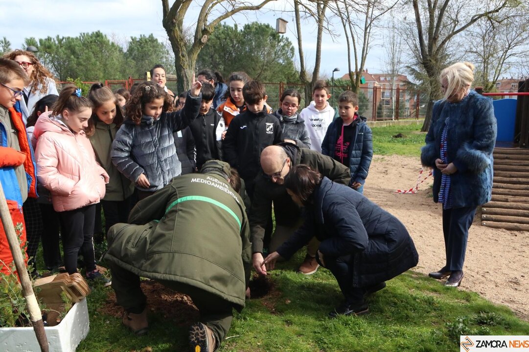 Fernando Prada y los escolares del CEIP Riomanzanas plantan futuro en el Día del Árbol