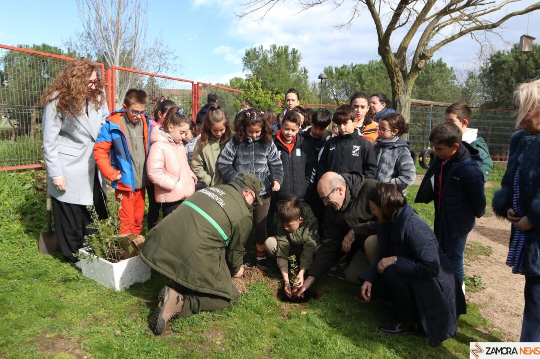 Fernando Prada y los escolares del CEIP Riomanzanas plantan futuro en el Día del Árbol