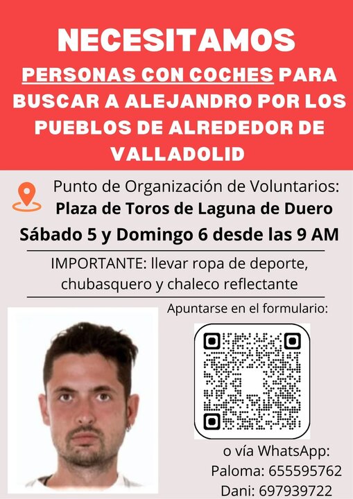 Intensa búsqueda de Alejandro Aranda en los alrededores de Valladolid: piden voluntarios con coche